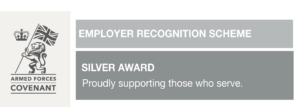Employer Recognition Scheme Silver Award banner for proudly supporting those who serve